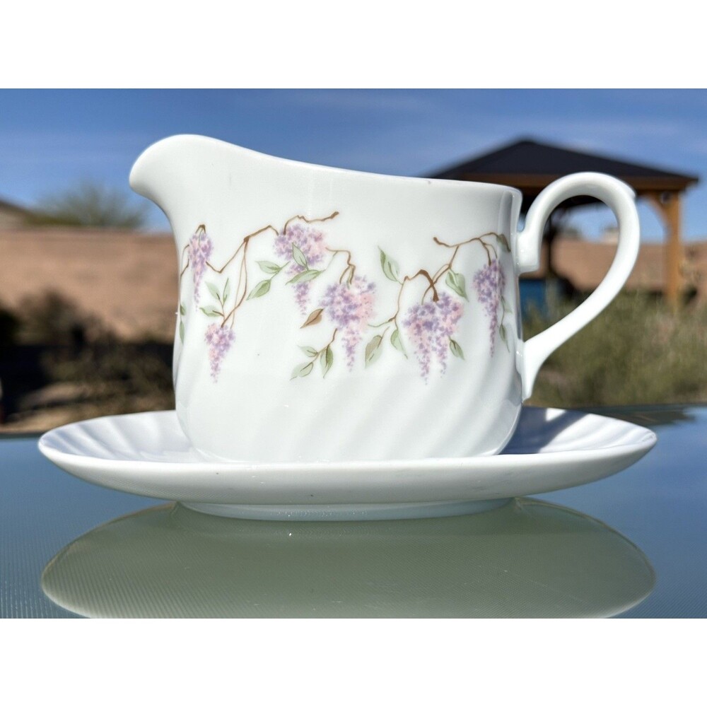 Vintage Corning Corelle Wisteria Gravy Boat with Under Plate Purple Flowers 1970